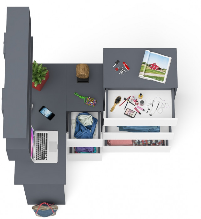 Мори компьютерный стол МС-16 правый + Комод МК700.5 + Полка 1200, графит/белый