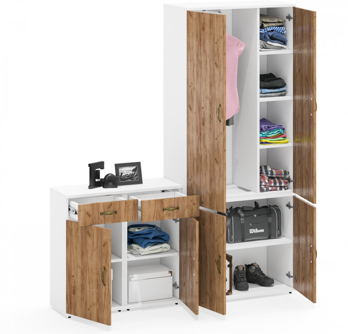 Лидер-8 Шкаф МД 20Б + Тумба МД 3.15 + Тумба МД 3.15, цвет белый шагрень/крафт золото, ШхГхВ 160х37,5х190 см., НЕ универсальная сборка