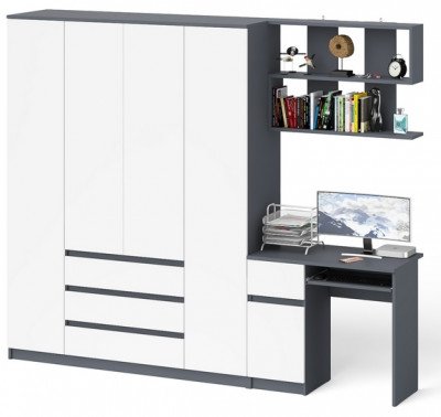 Мори Стол компьютерный МС-1 правый + Шкаф МШ1600.1 + Полка 900, цвет графит/белый, ШхГхВ 250,4х50,4х209,6 см., НЕ универсальная сборка