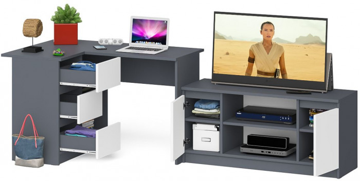 Мори Стол компьютерный МС-16 левый + Тумба МТВ1200.1, цвет графит/белый, ШхГхВ 244,8х84,9х76,6 см., выдвижные ящики слева, НЕ универсальная сборка