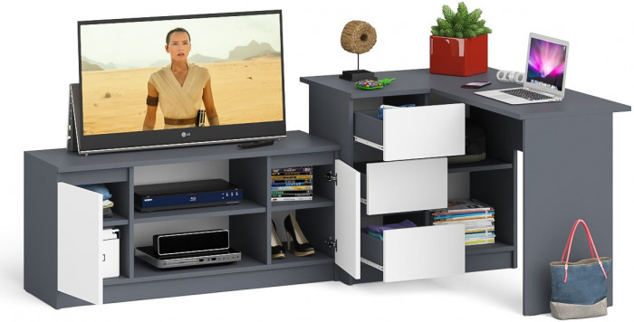 Мори Стол компьютерный МС-16 левый + Тумба МТВ1200.1, цвет графит/белый, ШхГхВ 244,8х84,9х76,6 см., выдвижные ящики слева, НЕ универсальная сборка