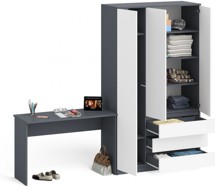 Мори Стол письменный МСП1200.1 + Шкаф МШ1200.1, цвет графит/белый, ШхГхВ 240,8х50,4х209,6 см., универсальная сборка