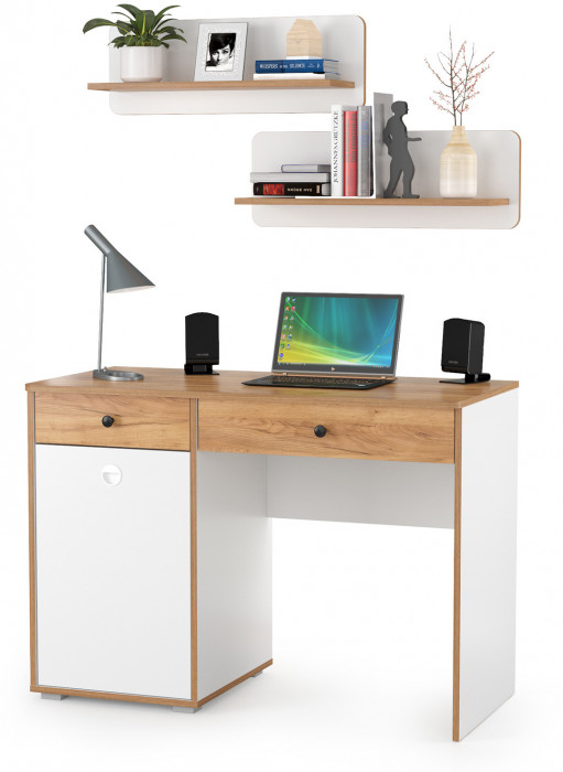 Вуди письменный стол 12.42 + 2хПолка 15.46, белый премиум/дуб крафт золотой