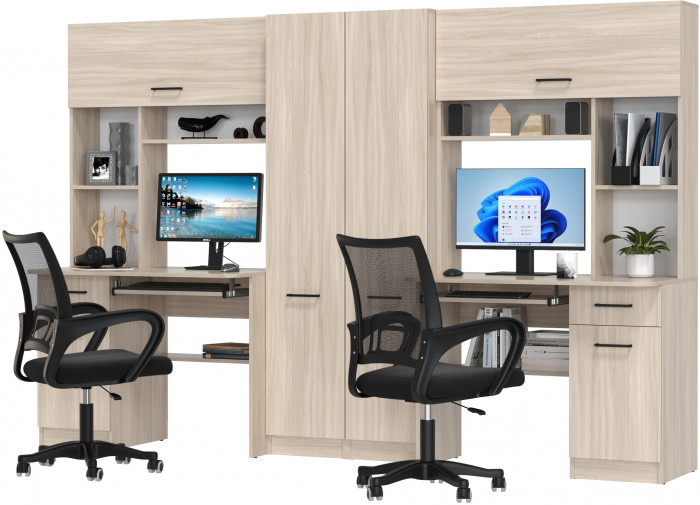 Два стола рабочих 6-0603 Альфа + два кресла 103 чёрных, цвет ясень шимо светлый, ШхГхВ 274х61х181 см., универсальная сборка