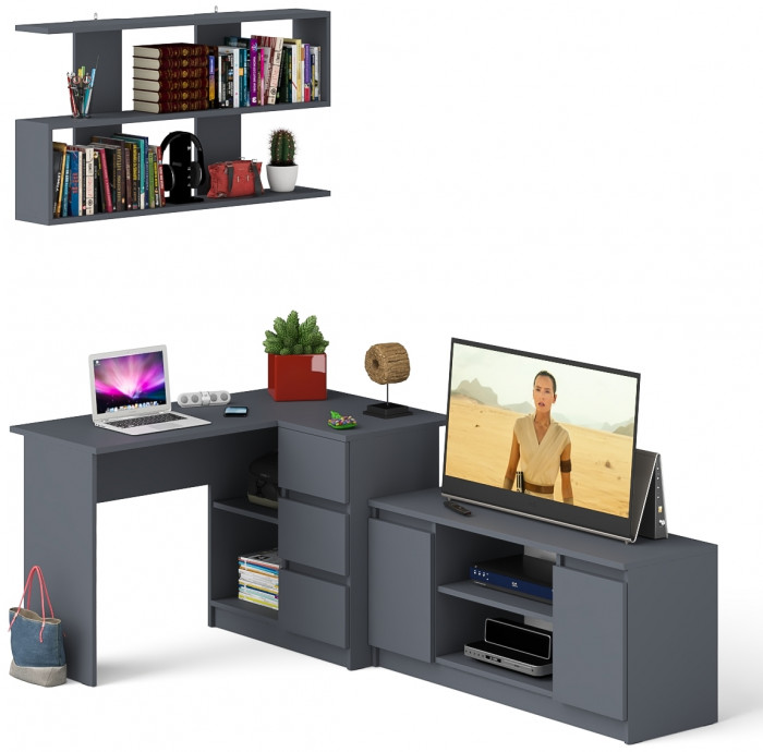 Мори компьютерный стол МС-16 правый + Тумба МТВ1200.1 + Полка 1200, графит