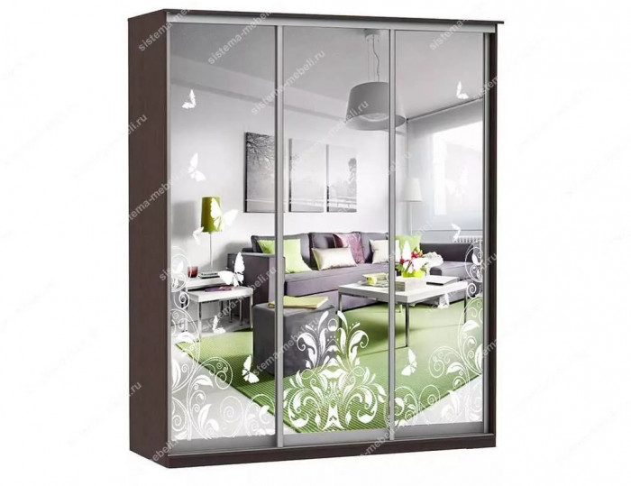 Шкаф купе Модерн 1776х600 3-х дверный 2-х секционный зеркальный с пескоструем №4 венге