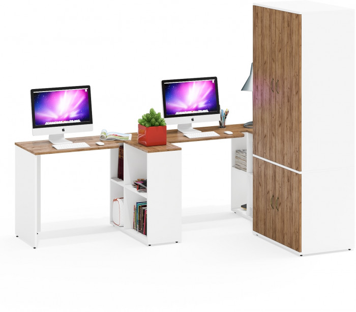 Лидер-8 Стол + Стол + Шкаф МД 19Б, цвет белый шагрень/крафт золото, ШхГхВ 410х50х75/190 или 230х160/50х75/190 см., НЕ универсальная сборка