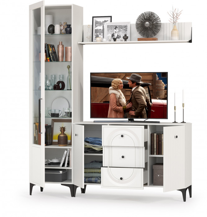 Валенсия Гостиная № 093, цвет ЛДСП белый шагрень/МДФ белый шагрень, ШхГхВ 188,2х38,4х225,2 см., универсальная сборка