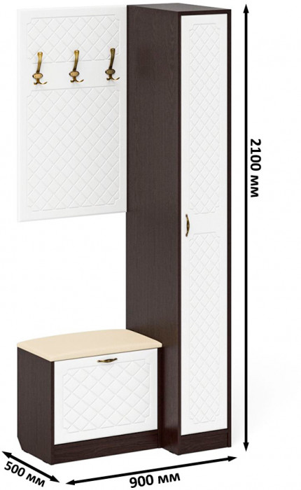 Прихожая П-6 Компоновка № 41, цвет венге/фасады МДФ белое дерево фрезеровка ромб, ШхГхВ 90х50х210 см., универсальная сборка