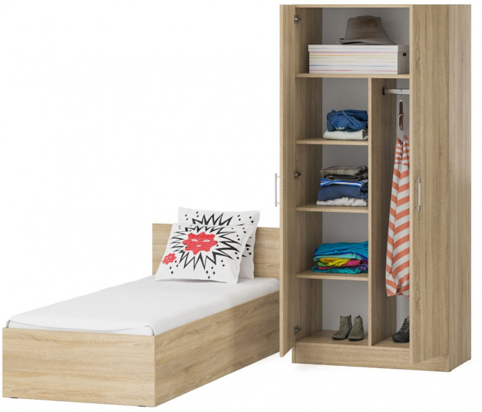 Кровать 0800 + Шкаф 2-х створчатый Стандарт, цвет дуб сонома, ШхГхВ 83,5х203,5х70 + 90х52х200 см., сп.м. 800х2000 мм., без матраса, основание есть