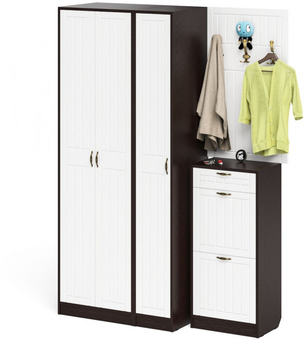 Прихожая П-6 Компоновка № 50, венге/фасады МДФ белое дерево фрезеровка прованс