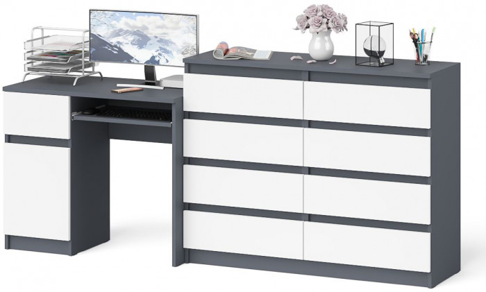 Мори компьютерный стол МС-1 левый + Комод МК1200.8, графит/белый