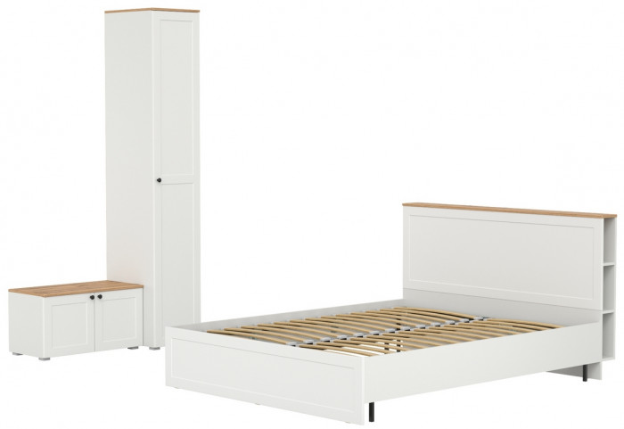Остин 11.53 Кровать + ортопед + 13.225 Шкаф-пенал + 13.257 Тумба, белый шагрень/дуб крафт золотой