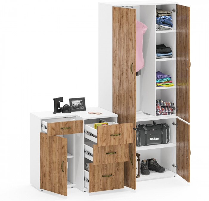 Лидер-8 Шкаф МД 20Б + Тумба МД 3.15 + Тумба МД 3.16, белый шагрень/крафт золото