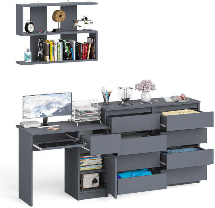 Мори компьютерный стол МС-1 правый + Комод МК1200.8 + Полка 900, графит