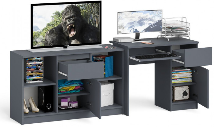 Мори компьютерный стол МС-1 правый + Тумба МТВ1204.1, графит