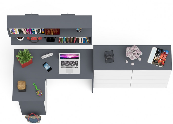 Мори компьютерный стол МС-16 левый + Комод МК1200.8 + Полка 1200, графит/белый