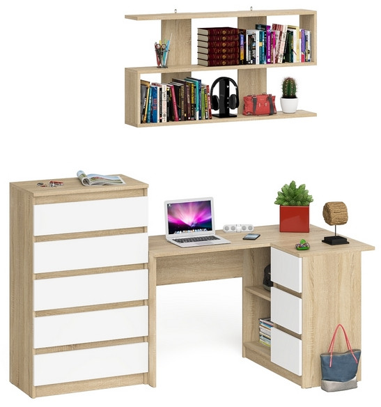 Мори компьютерный стол МС-16 правый + Комод МК700.5 + Полка 1200, дуб сонома/белый