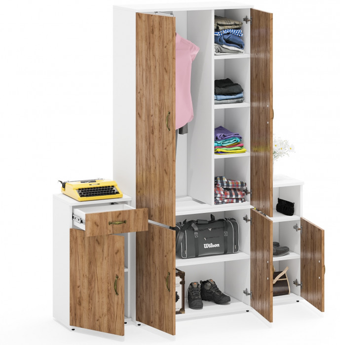 Лидер-8 Шкаф МД 20Б + Тумба МД 3.15 + Тумба МД 3.19, цвет белый шагрень/крафт золото, ШхГхВ 160х37,5х190 см., НЕ универсальная сборка