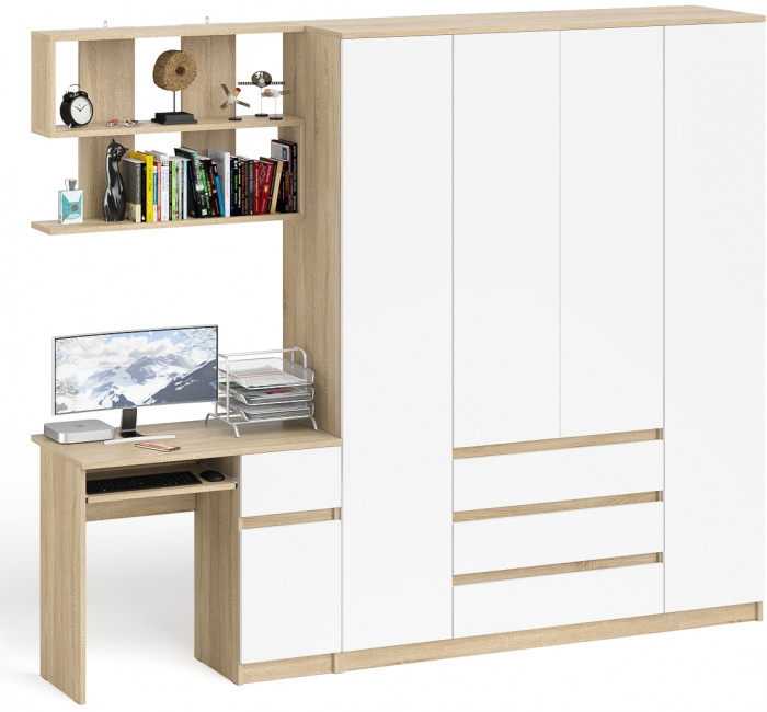 Мори Стол компьютерный МС-1 правый + Шкаф МШ1600.1 + Полка 900, цвет дуб сонома/белый, ШхГхВ 250,4х50,4х209,6 см., НЕ универсальная сборка