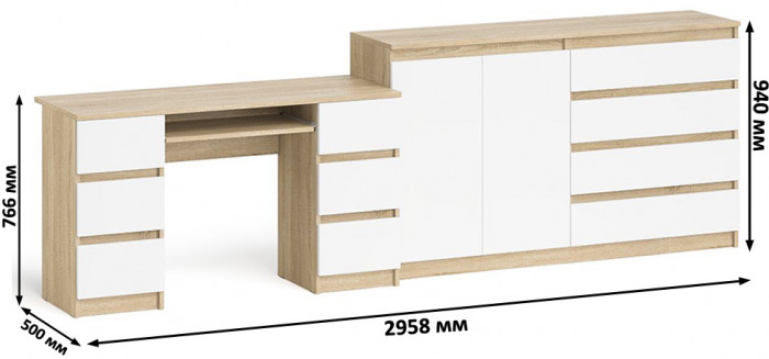 Мори Стол компьютерный МС-2 + Комод МК1600.1, цвет дуб сонома/белый, ШхГхВ 295,8х50х94 см., универсальная сборка