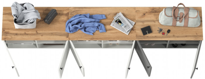 Остин 13.257 Тумба + 13.257 Тумба + 13.257 Тумба, цвет белый шагрень/серый графит/дуб крафт золотой, ШхГхВ 240х41,9х43,7 см., универсальная сборка