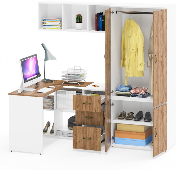 Лидер-8 Стол + Полка + Тумба МД 3.16 + Шкаф МД 19Б, белый шагрень/крафт золото