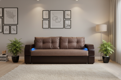 Диван-еврокнижка Манчестер 160х200, с подсветкой, велюр/экокожа коричневая