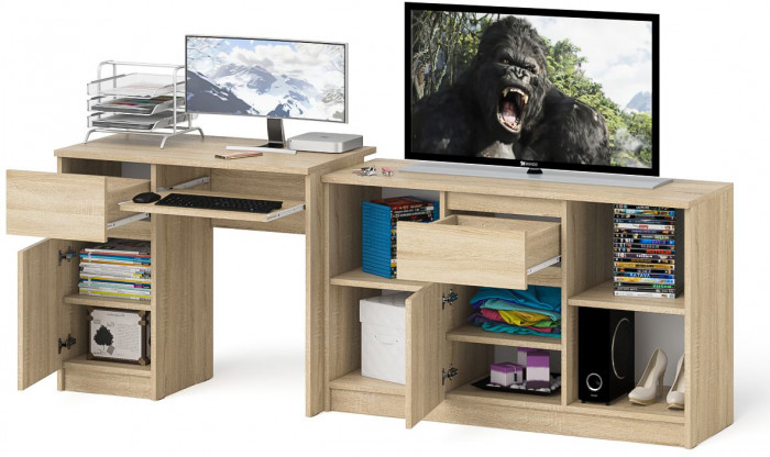 Мори компьютерный стол МС-1 левый + Тумба МТВ1204.1, дуб сонома