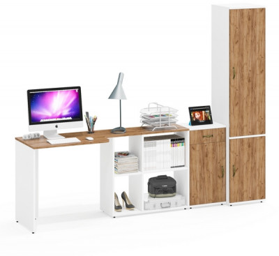 Лидер-8 Стол + Тумба МД 3.15 + Пенал МД 21Б, цвет белый шагрень/крафт золото, ШхГхВ 245х50/37,5х75/190 или 115х160/50х75/190 см., НЕ ун. сборка