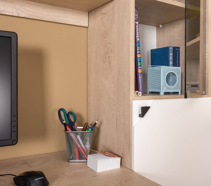 КР100 Бостон № 21, цвет дуб эндгрейн элегантный/фасады МДФ милк рикамо софт, 12.69+10.51+13.155+12.69+10.51+13.155, ШхГхВ 307,6х57,2х194,4 см, ун. сб.