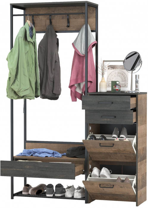 Трувор 15.120 Прихожая + 13.241.06 Тумба для обуви, цвет дуб гранж песочный/интра, ШхГхВ 130х37х194,2 см., универсальная сборка