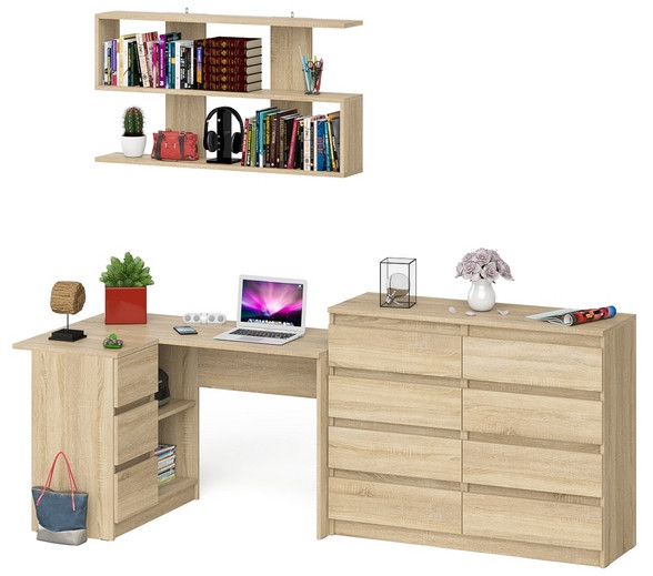 Мори компьютерный стол МС-16 левый + Комод МК1200.8 + Полка 1200, дуб сонома