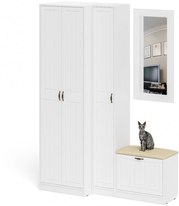 Прихожая П-6 Компоновка № 26, белая шагрень/фасады МДФ белое дерево фрезеровка прованс