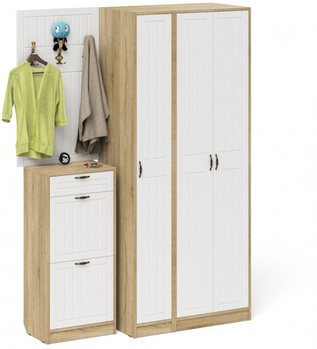 Прихожая П-6 Компоновка № 50, дуб сонома/фасады МДФ белое дерево фрезеровка прованс