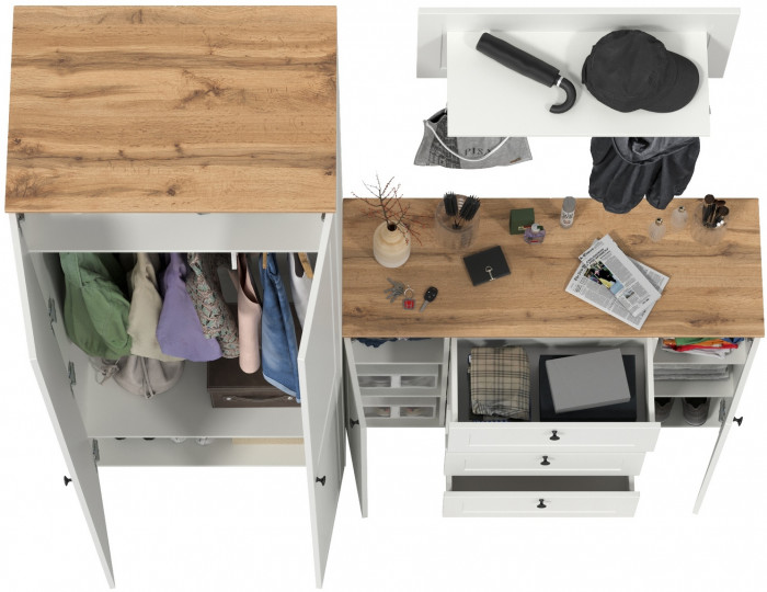 Остин Прихожая 15, цвет белый шагрень/дуб крафт золотой, ШхГхВ 200х54,3х229,6 см., универсальная сборка