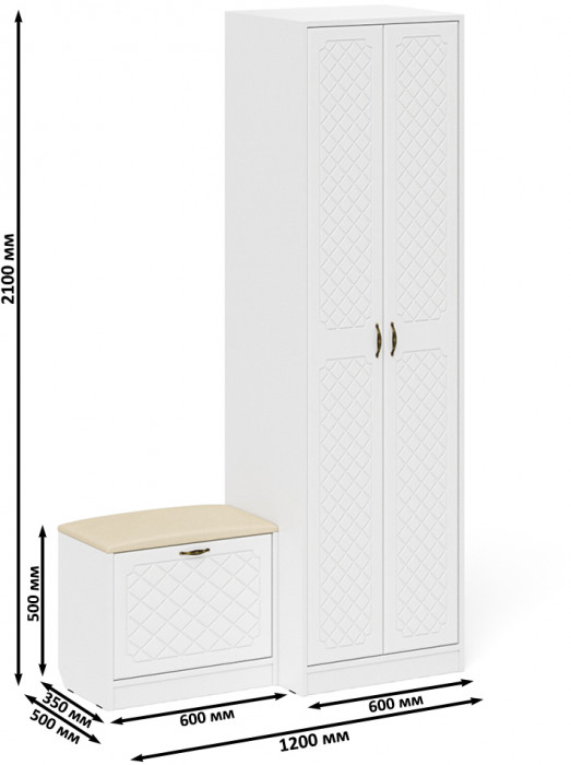 Прихожая П-6 Компоновка № 10, цвет белая шагрень/фасады МДФ белое дерево фрезеровка ромб, ШхГхВ 120х50х210 см., универсальная сборка