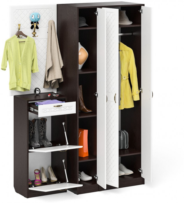 Прихожая П-6 Компоновка № 50, цвет венге/фасады МДФ белое дерево фрезеровка ромб, ШхГхВ 150х50х210 см., универсальная сборка