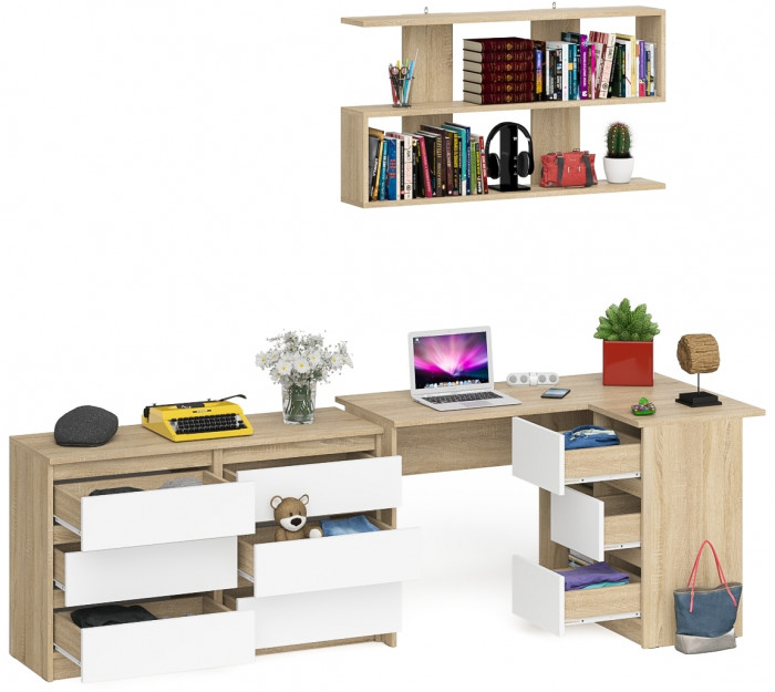 Мори компьютерный стол МС-16 правый + Комод МК1200.6 + Полка 1200, дуб сонома/белый