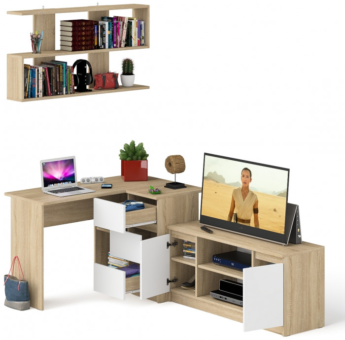 Мори компьютерный стол МС-16 правый + Тумба МТВ1200.1 + Полка 1200, дуб сонома/белый