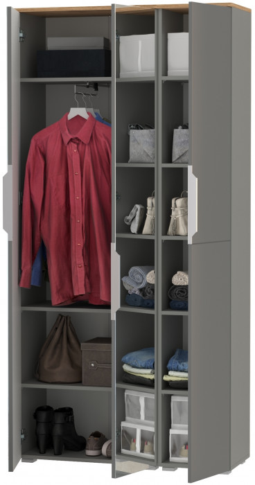 Октава 13.338 Шкаф для одежды + 13.228 Пенал, серый графит/дуб крафт золотой/фасады МДФ серый графит и зеркало