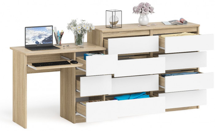 Мори Стол компьютерный МС-6 правый + Комод МК1200.8, цвет дуб сонома/белый, ШхГхВ 210,4х50х94 см., выдвижные ящики справа, НЕ универсальная сборка