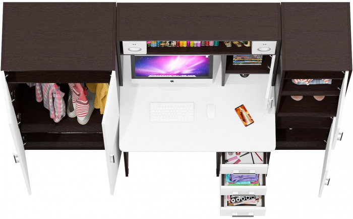 Стол компьютерный С-МД-СК9+Пенал С-МД-СК9П+Шкаф С-МД-СК9Ш, цвет венге/белый шагрень, ШхГхВ 215х70х160 см., НЕ универсальная сборка