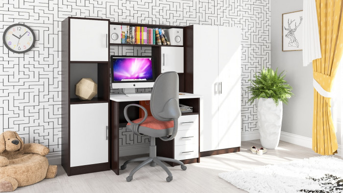 Стол компьютерный С-МД-СК9+Пенал С-МД-СК9П+Шкаф С-МД-СК9Ш, цвет венге/белый шагрень, ШхГхВ 215х70х160 см., НЕ универсальная сборка