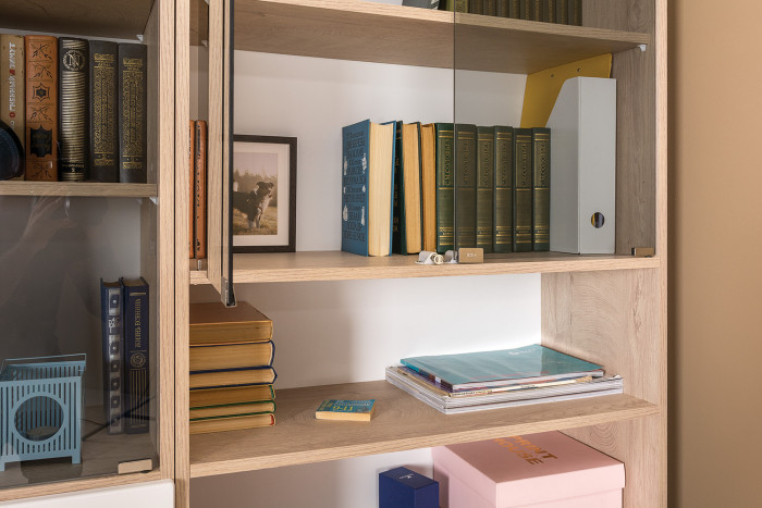 КР100 Бостон № 22, цвет дуб эндгрейн элегантный/фасады МДФ милк рикамо софт, 12.69+10.51+13.156+12.69+10.51+13.156, ШхГхВ 384х57,2х194,4 см., ун. сб.