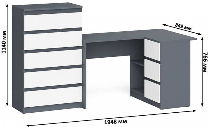 Мори компьютерный стол МС-16 правый + Комод МК700.5, графит/белый