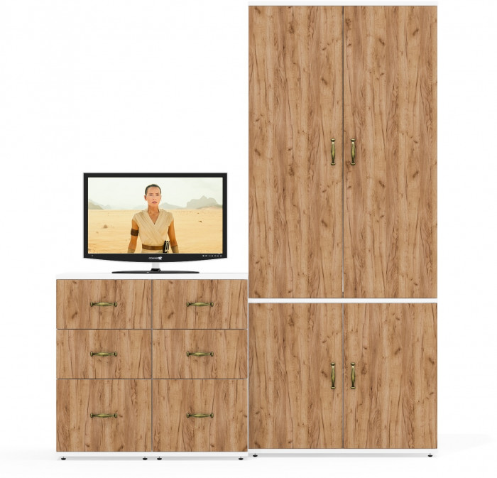 Лидер-8 Шкаф МД 20Б + Тумба МД 3.16 + Тумба МД 3.16, цвет белый шагрень/крафт золото, ШхГхВ 160х50х190 см., НЕ универсальная сборка