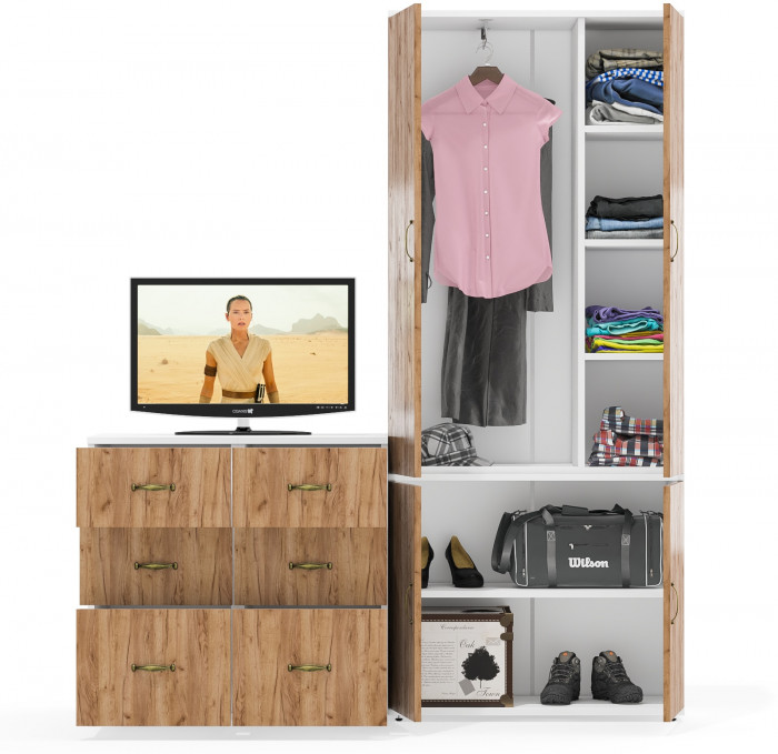 Лидер-8 Шкаф МД 20Б + Тумба МД 3.16 + Тумба МД 3.16, цвет белый шагрень/крафт золото, ШхГхВ 160х50х190 см., НЕ универсальная сборка