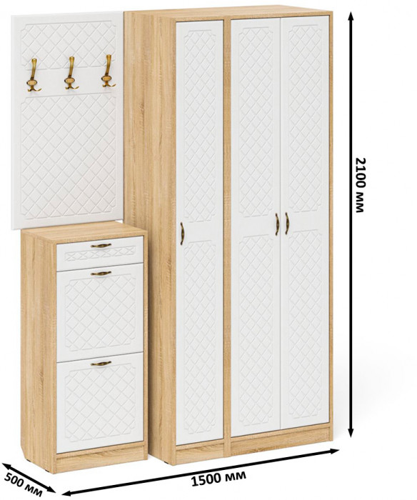 Прихожая П-6 Компоновка № 50, дуб сонома/фасады МДФ белое дерево фрезеровка ромб