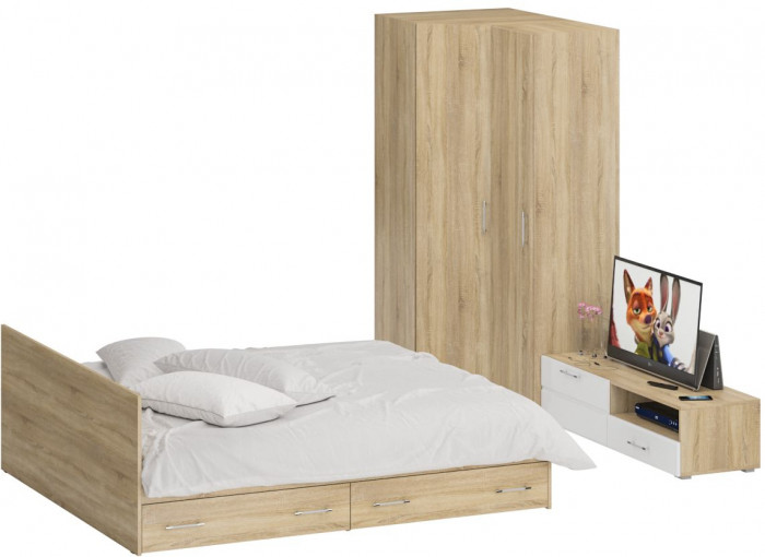Спальня Стандарт 4-1800Я, дуб сонома/фасады ТВ тумбы МДФ белый глянец